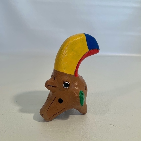 Vintage Ocarina Folk Art Clay Toucan Whistle 3 Head Flute Shape Shift Animal 5” - Picture 2 of 14